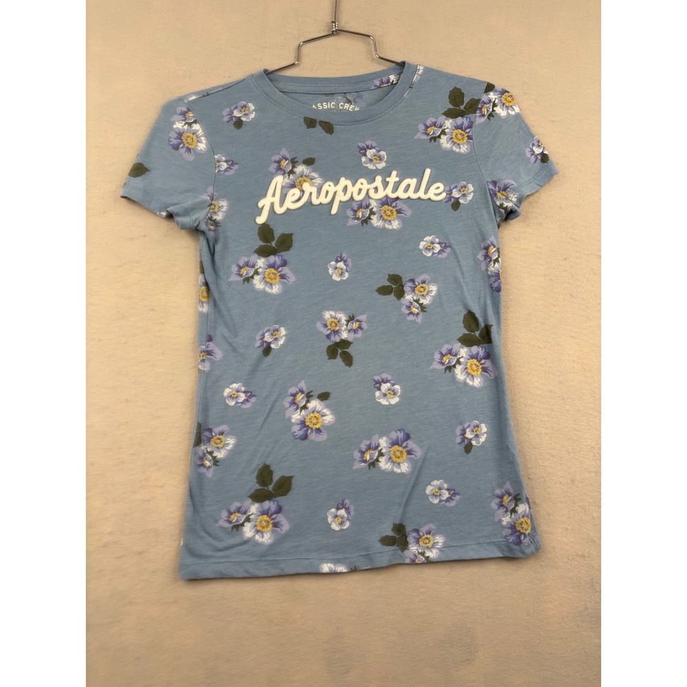 Aeropostale Classic Crew Blue Floral Short Sleeve Graphic T-Shirt Medium